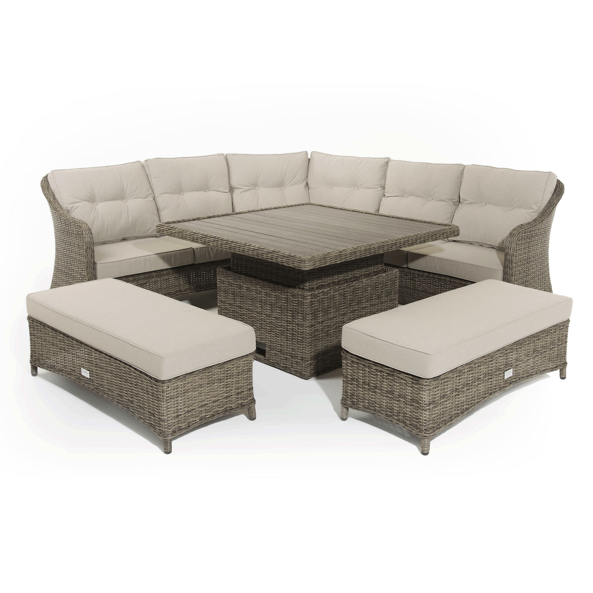 Hazz Corner Sofa with Rising Table and 2 Benches in Brown Rattan - Italiancityfurniture