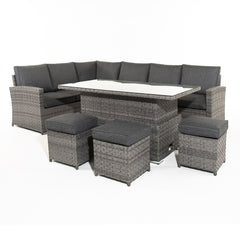 Melo Corner Sofa with Rising Table and 3 Stools in Grey Rattan - Italiancityfurniture