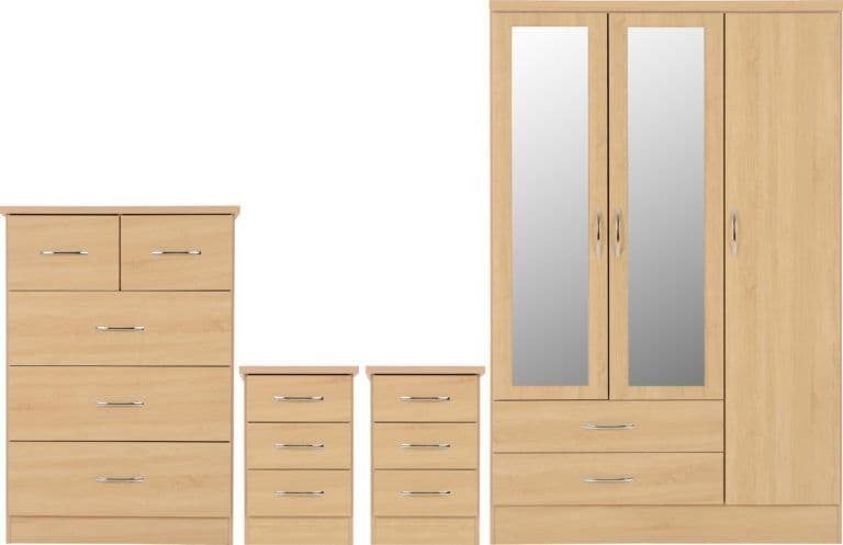 3 Door 2 Drawer Mirrored Wardrobe Bedroom Set
