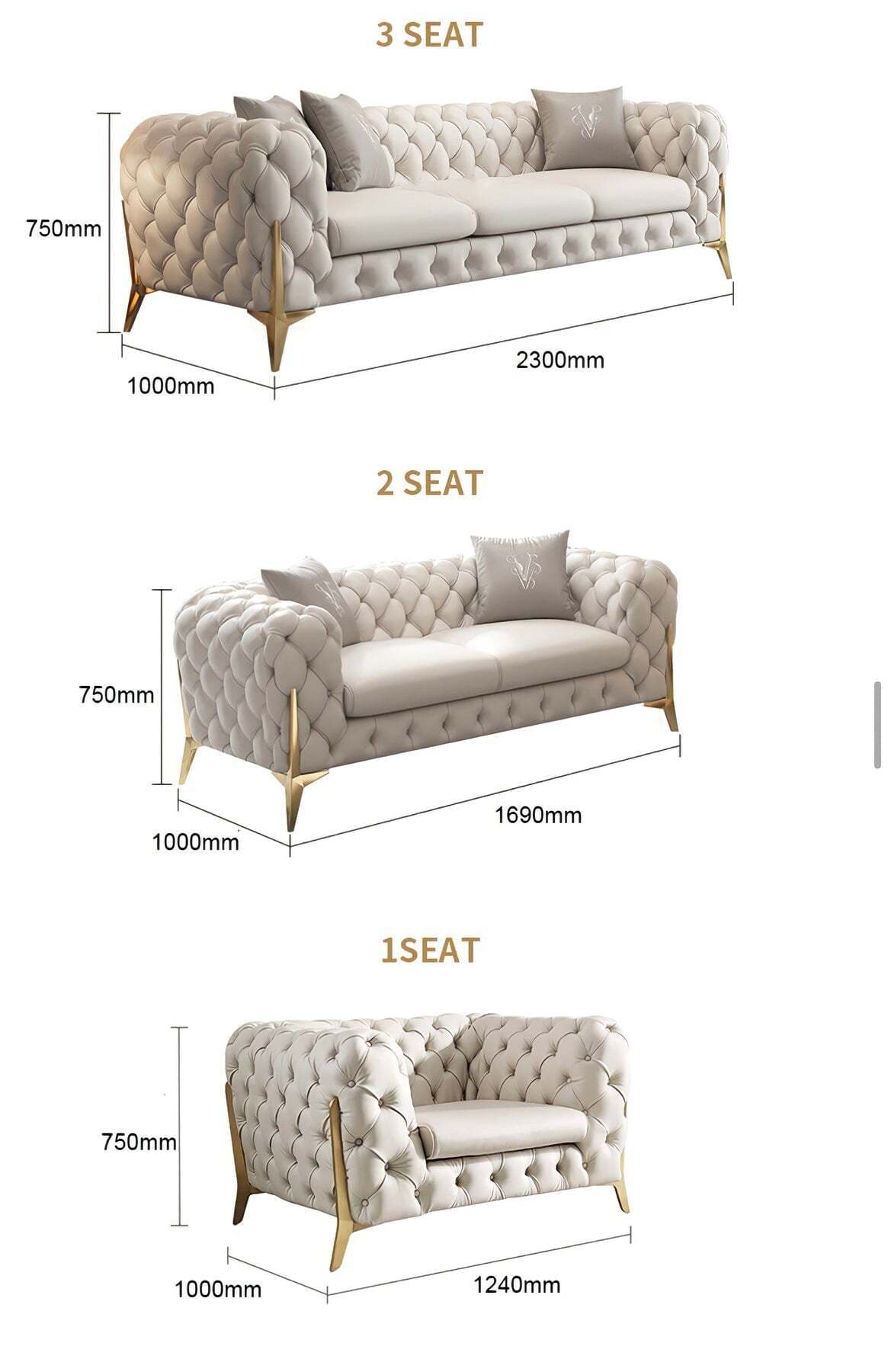 Chesterfield Sofas Sets In Luxury Light Cream Leather Style