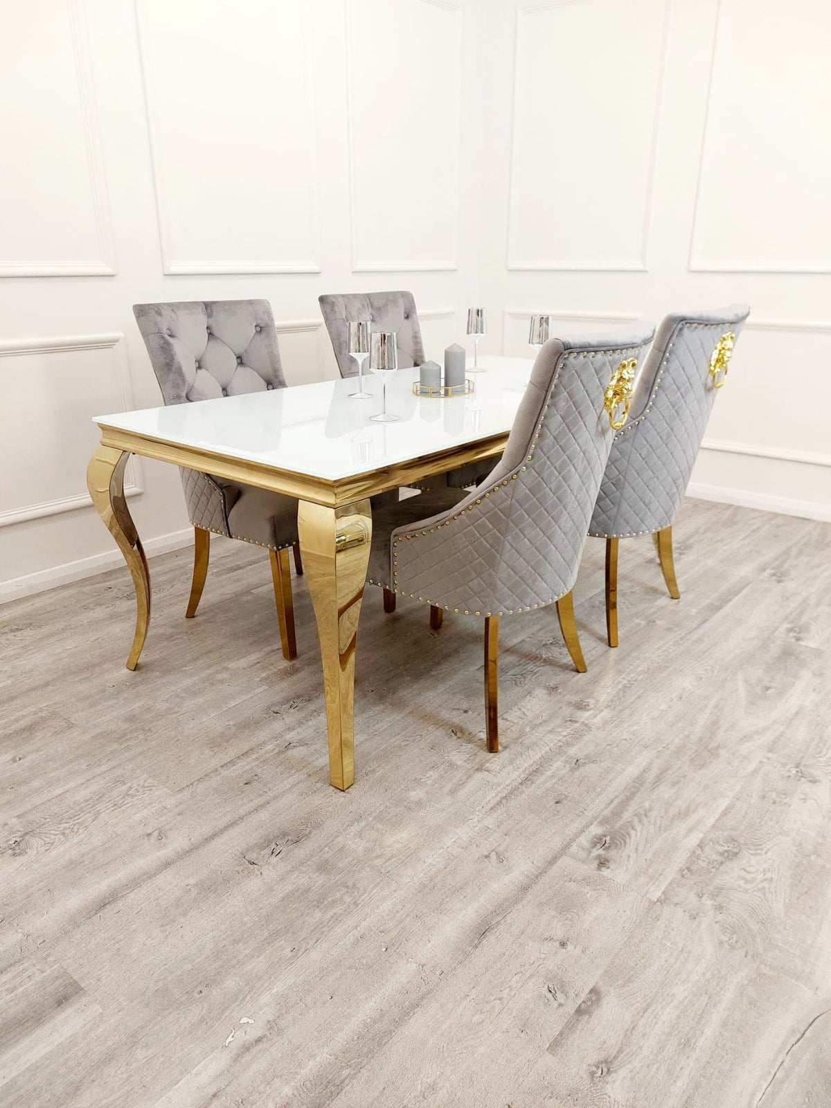 Elouise Gold Dining Set With 4 Dark Grey Luxury Chairs