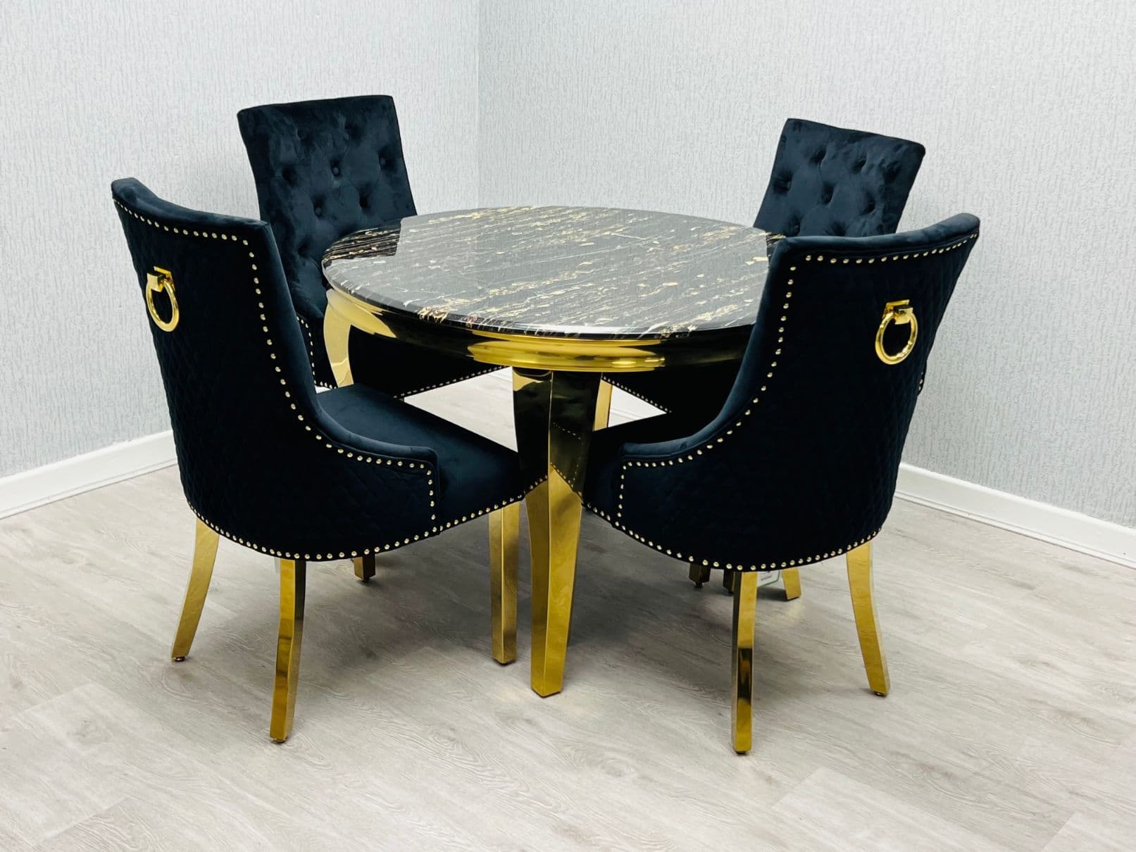 Sofia 110cm Round Black & Gold Frame Marble Table And 4 chair
